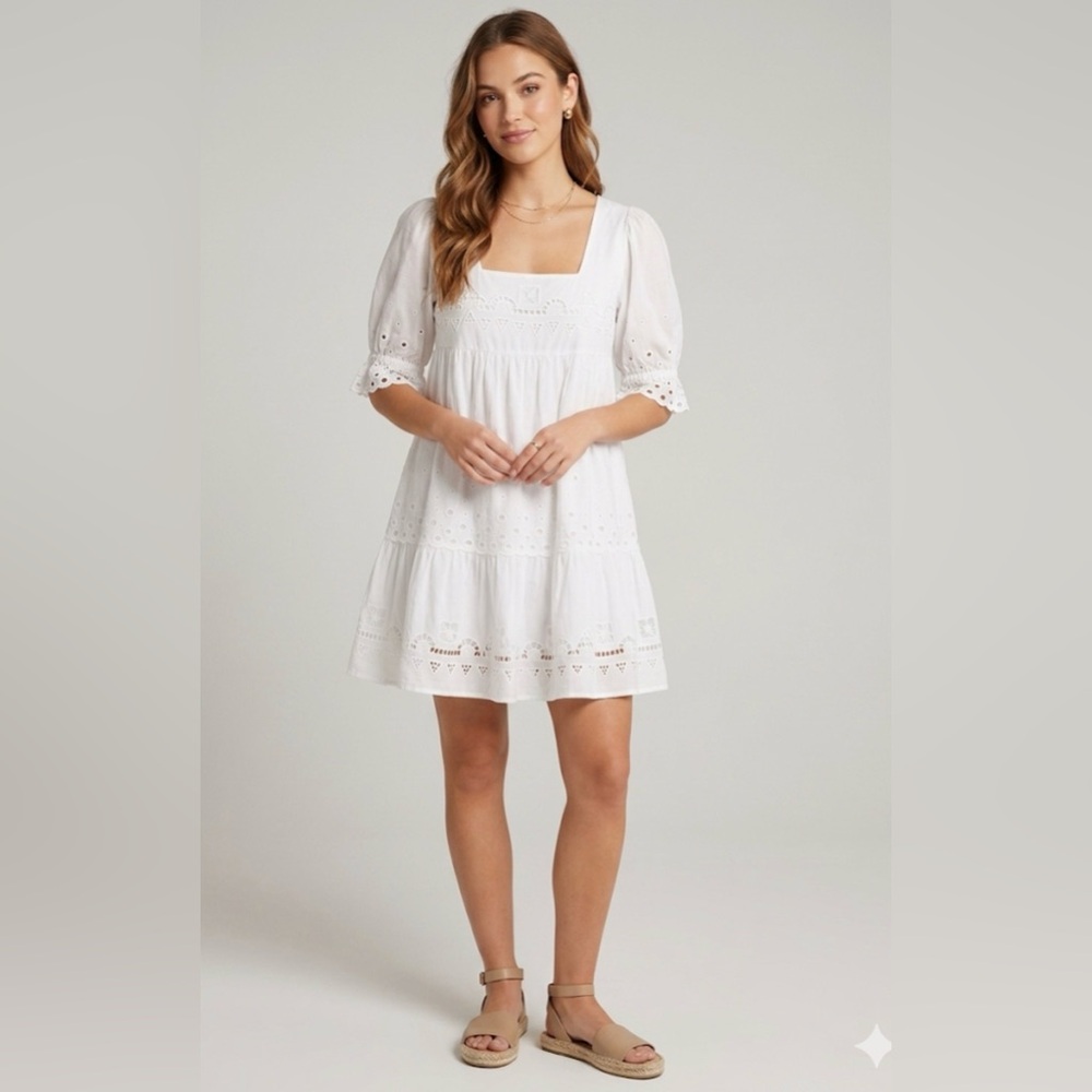 White‎ Cotton Eyelet Lace Tiered Mini Dress Puff Sleeve Boho Cottagecore Size S